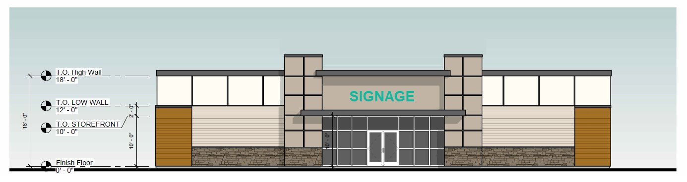 Single-tenant front elevation with a central storefront and signage band