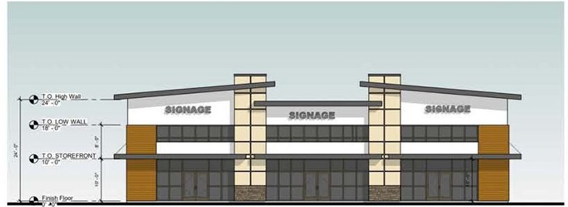 Three-storefront front elevation with signage for each tenant